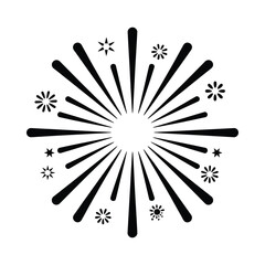 Black and white graphic of a firework explosion with radiating lines and stars