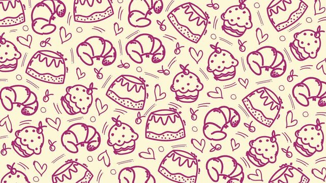 Cake pattern dessert food sweet bakery seamless pattern background doodle hand drawn cute suitable for menus, packaging, websites, or event invitations with a charming culinary theme.