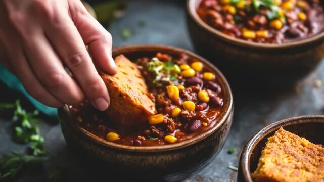 Close up view of chili dish with dipping bread in bowl