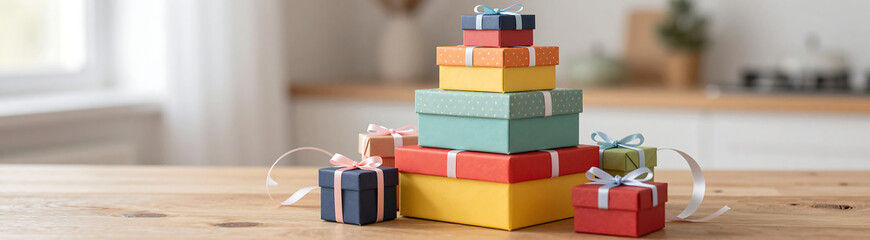 Obraz premium vibrant stack gift boxes various sizes colors sits upright wooden table surrounded swirling ribbons festive decorations