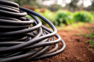 A coiled black garden hose rests on the brown earth outdoors amidst lush green vegetation, ready for watering needs.