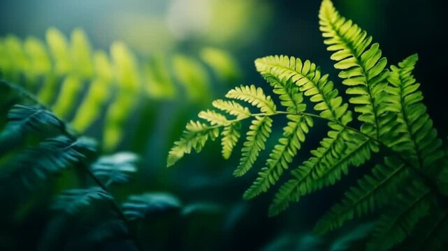 Close up of vibrant green fern leaves in natural sunlight nature background