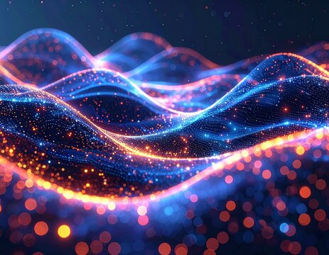 Abstract glowing digital waves of blue and orange particles flowing in a futuristic network visualization - Powered by Adobe
