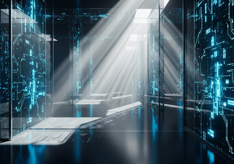 Futuristic Data Center Corridor with Sunlight Streaming Through Digital Glass Walls Showing Cyber Infrastructure and Advanced Technology