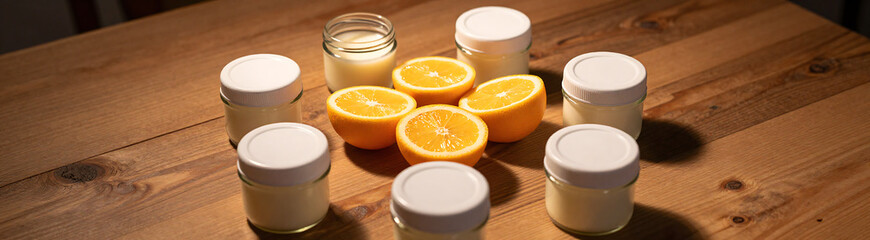 warm golden light illuminates delicate circular composition featuring assortment six small glass jars arranged around central