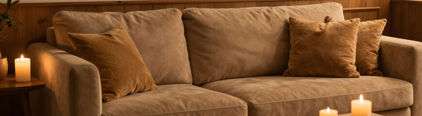 warm golden glow illuminates plush sofa adorned elegant candles serene intimate setting rich wood accents plush