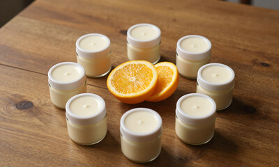 warm golden light illuminates delicate circular composition featuring assortment six small glass jars arranged around central