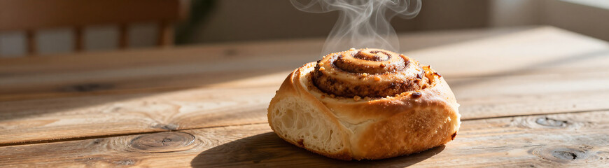 warm cinnamon roll sits atop rustic wooden table emitting fragrant steam amidst soft natural light subtle shadows