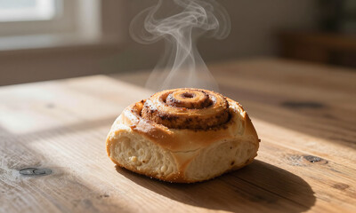 warm cinnamon roll sits atop rustic wooden table emitting fragrant steam amidst soft natural light subtle shadows