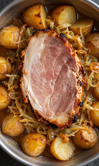 warm serving ham surrounded medley tender stewed cabbage caramelized crispy potatoes rustic