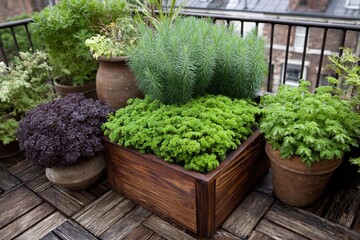 Herbs and plants growing on a balcony garden area