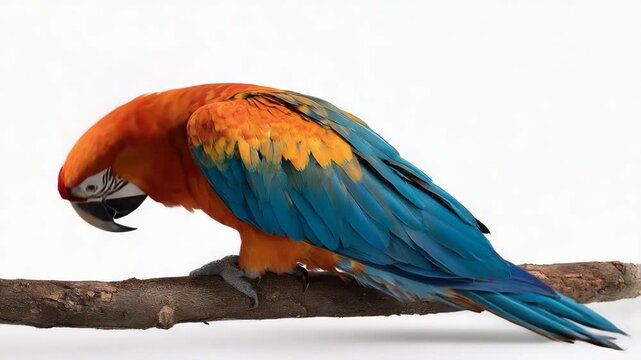 Vibrant orange and blue macaw parrot perched on a branch isolated on white background