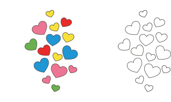Set of colorful floating hearts and black outline doodle hearts for coloring page, vector illustration isolated on white background.