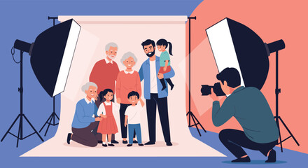 Professional photographer taking a group portrait of a large extended family including grandparents and children in a photo studio.