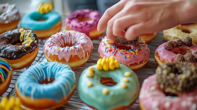 Colorful decorated doughnuts displayed on a cooling rack overhead shot