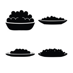 A minimalist black silhouette illustration showcasing various bowls filled with small food items