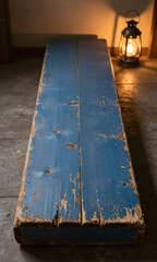 worn blue wooden plank dominates dimly lit room warm golden light spilling nearby lantern casting gentle glow weathered