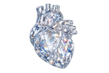 Crystal human heart with intricate facets and reflective surfaces, symbolizing love, health, and fragility, transparent background