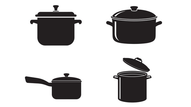 Four black silhouette kitchen pots and pans in flat vector style: stock pot with lid, covered saucepan, saucepan with handle, tall canner pot with lid