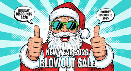 Illustration of cheerful character with beard in red suit and sunglasses, giving thumbs up, promoting holiday discounts and New Year's blowout sale