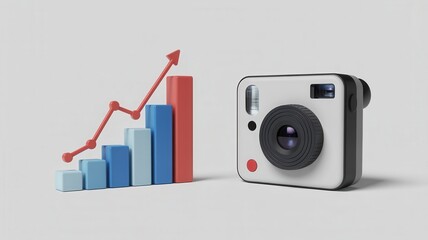Instant camera and growing bar graph with upward trend