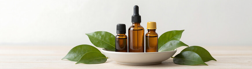 aromatic essential oils herbal extracts sit atop soft diffused light background featuring lush green leaves arranged artfully