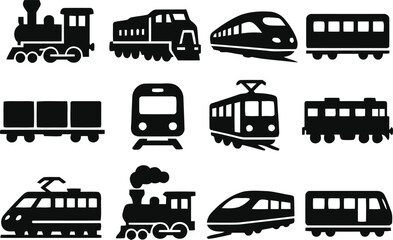 Comprehensive train and railway vector icons set featuring various locomotive and carriage designs on transparent background © Baizid