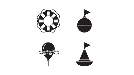 Four black nautical icons in flat minimalist vector style: lifebuoy ring, buoy with flag, water balloon with waves, and small sailboat silhouette © TAIFUR