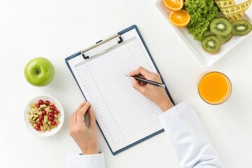 Nutritionist planning a healthy diet isolated on white background