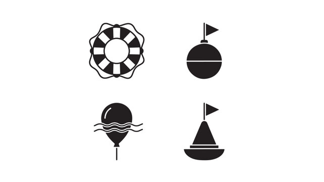 Four black nautical icons in flat minimalist vector style: lifebuoy ring, buoy with flag, water balloon with waves, and small sailboat silhouette