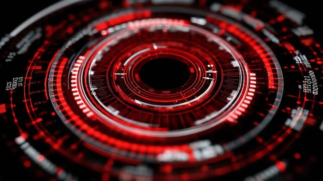A vibrant, high-tech digital interface showcasing intricate circular patterns in bold red hues, representing advanced data visualization, innovation, and modern technology.