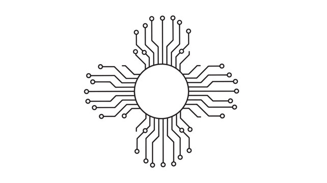 Radial black circuit sun icon with a central circle and branching traces, minimalist vector illustration for technology and electronics