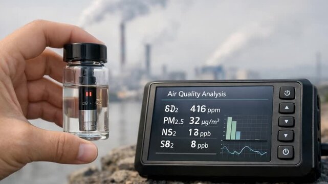 Science meteorology analysis concept. Measuring air quality with equipment and a sample container.