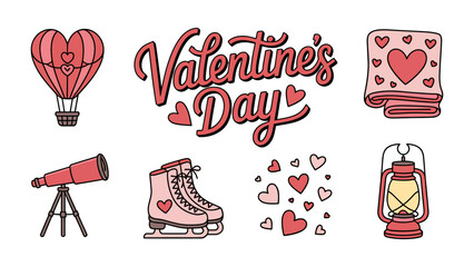 Valentine's Day Elements: Captivating design elements, including a hot air balloon, blanket, telescope, skates, hearts, and a lantern, convey the essence of romance and celebration.