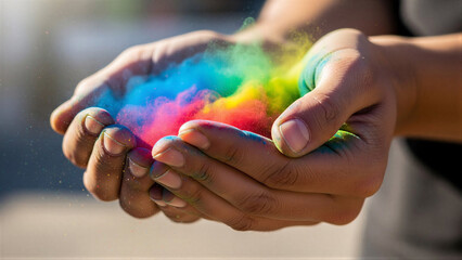 Hands holding colorful powder against bright background
