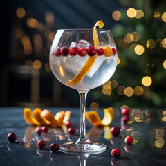 Premium cocktail photography of gin and tonic in balloon glass with ice, cranberries, orange twist, reflective black surface, warm golden bokeh, festive dramatic lighting.