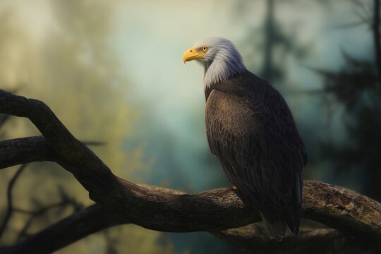 &Aacute;guila calva americana posada en una rama, Retrato de &aacute;guila de cabeza blanca mirando al horizonte, Imagen para campa&ntilde;a de concienciaci&oacute;n sobre la fauna, Estampa animal en estilo realista