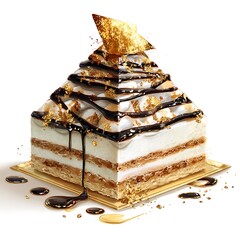 Pyramid layered dessert slice with chocolate drizzle and gold leaf high resolution image