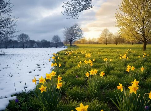 Seasonal change from winter to spring with landscape divided between snow and flowers, symbolizing renewal, natural transformation and a new seasonal beginning.