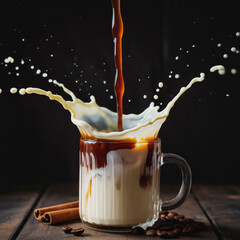 Ultra-realistic coffee pouring into ribbed glass mug, dramatic splash with milk, cinematic lighting, scattered beans and cinnamon, high-detail liquid motion, dark moody background.