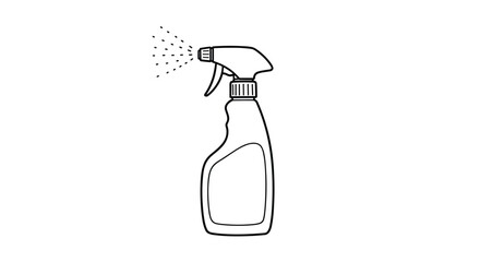 Line drawing of a plastic spray bottle releasing a fine mist of liquid or cleaning solution on a simple white background space.