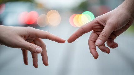 Intimate close-up of two fair hands almost touching fingertips, soft pastel bokeh background, diffused dreamy lighting, shallow depth of field, elegant ethereal mood.