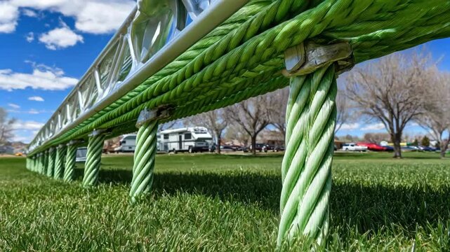 Medium shot of durable guylines anchored to the ground showcasing tension and support against strong wind gusts in an outdoor setting.