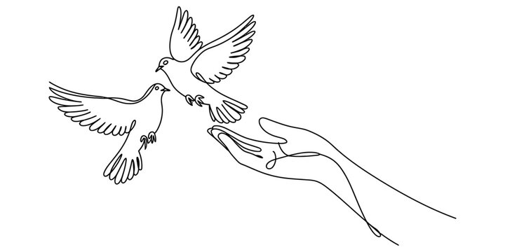 Two continuous line drawing doves flying away from a human hand Vector, illustration