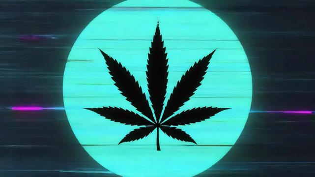 Glowing blue circle with a black cannabis leaf silhouette on a dark background