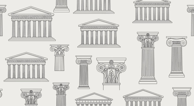 Architectural pattern of hand drawn greek temples and classical columns in a sketch style on a neutral gray background surface.
