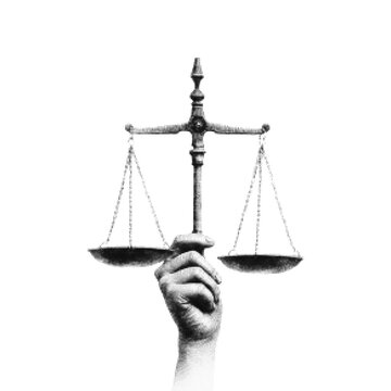 Hand holding balance scale in black halftone style isolated on white background. Concept of justice, law, equality, fairness, legal system, ethics and human rights. Minimal illustration.