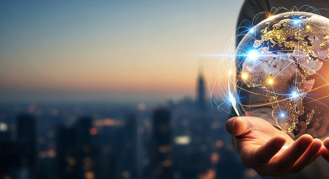 Hand holding a glowing, transparent Earth globe with digital network lines, symbolizing global communication and connectivity against a blurred cityscape - Powered by Adobe