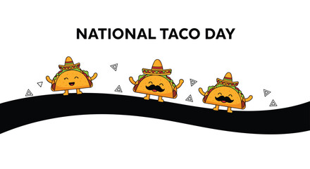 Three cheerful cartoon tacos wearing sombreros walking along a black curved path for National Taco Day theme.