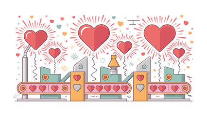 Love Factory: A whimsical illustration captures hearts being manufactured and soaring into the sky. conveying themes of creation, affection, and care.